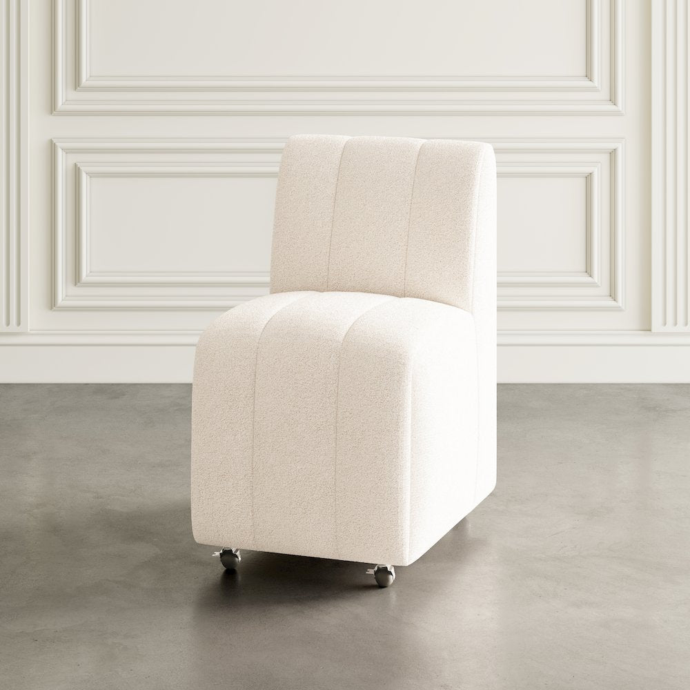 Contemporary Modern Ivory Boucle Upholstered Dining Chair with Wheels (Set of 2)
