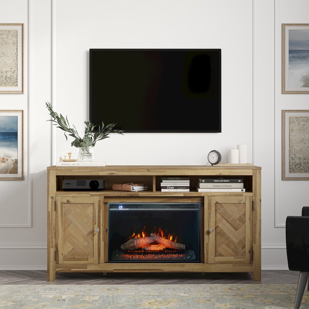 Modern Transitional 60" Chevron Fireplace Storage Console TV Stand