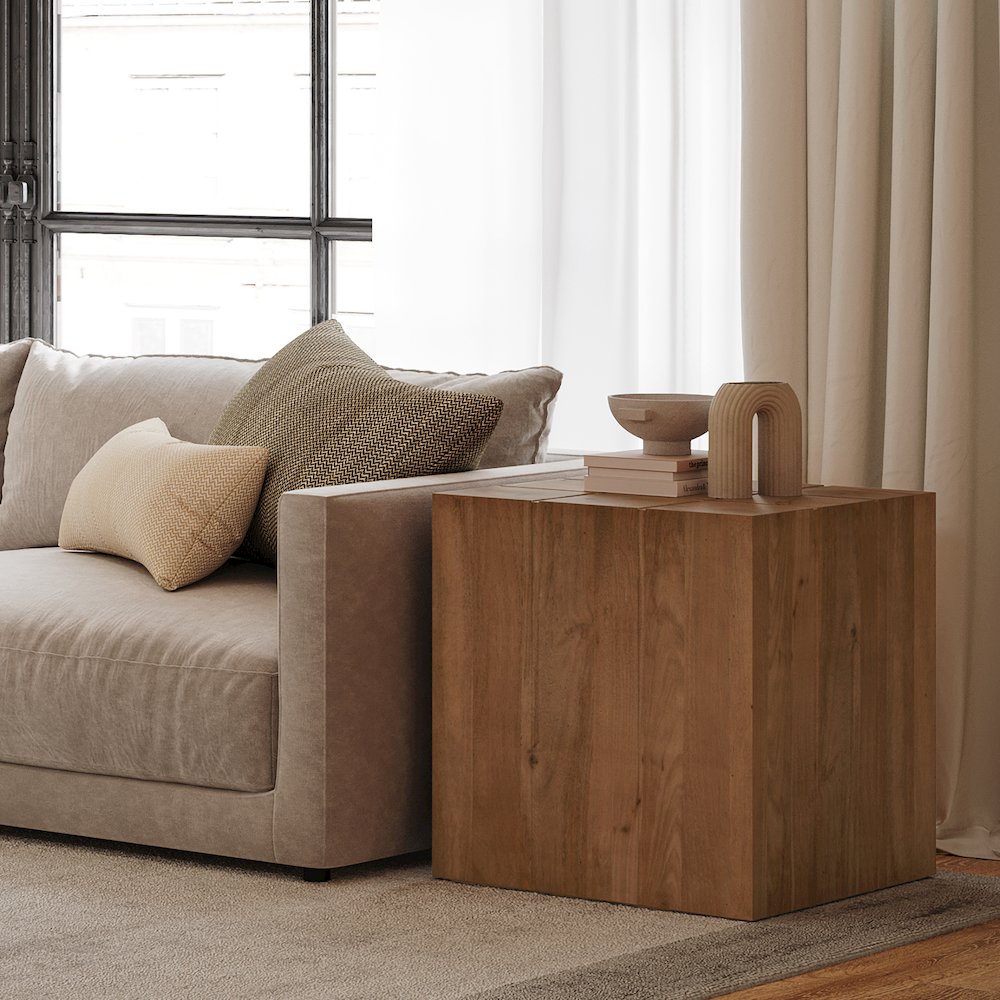 Sequoia 22" Solid Wood Modern Rustic Cube Carved End Table