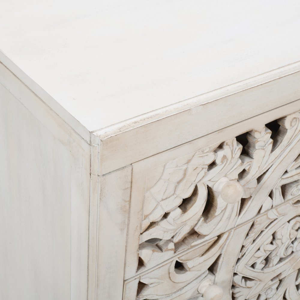 Jolie Rustic Solid Wood Global Boho Hand Carved Accent Chest with Three Drawers