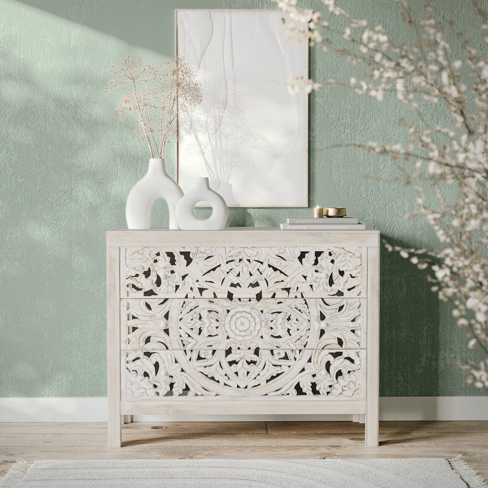 Jolie Rustic Solid Wood Global Boho Hand Carved Accent Chest with Three Drawers