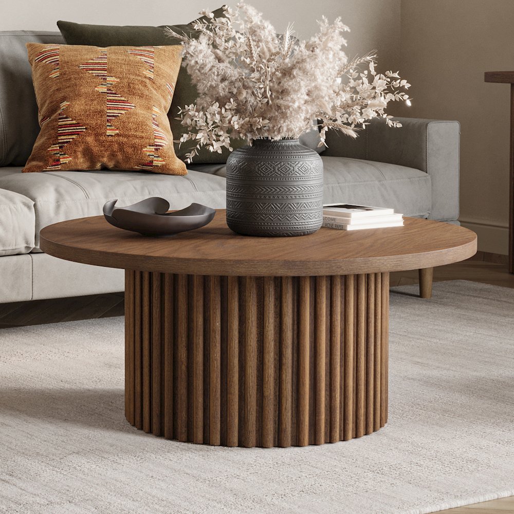 40" Round Mid-Century Modern Fluted Pedestal Base Coffee Table