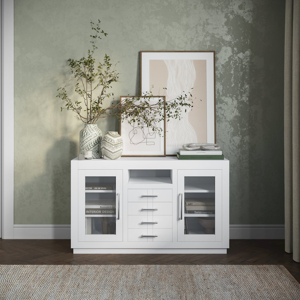 50" Contemporary Media Console with Tempered Glass Doors, Drawers and Shelves