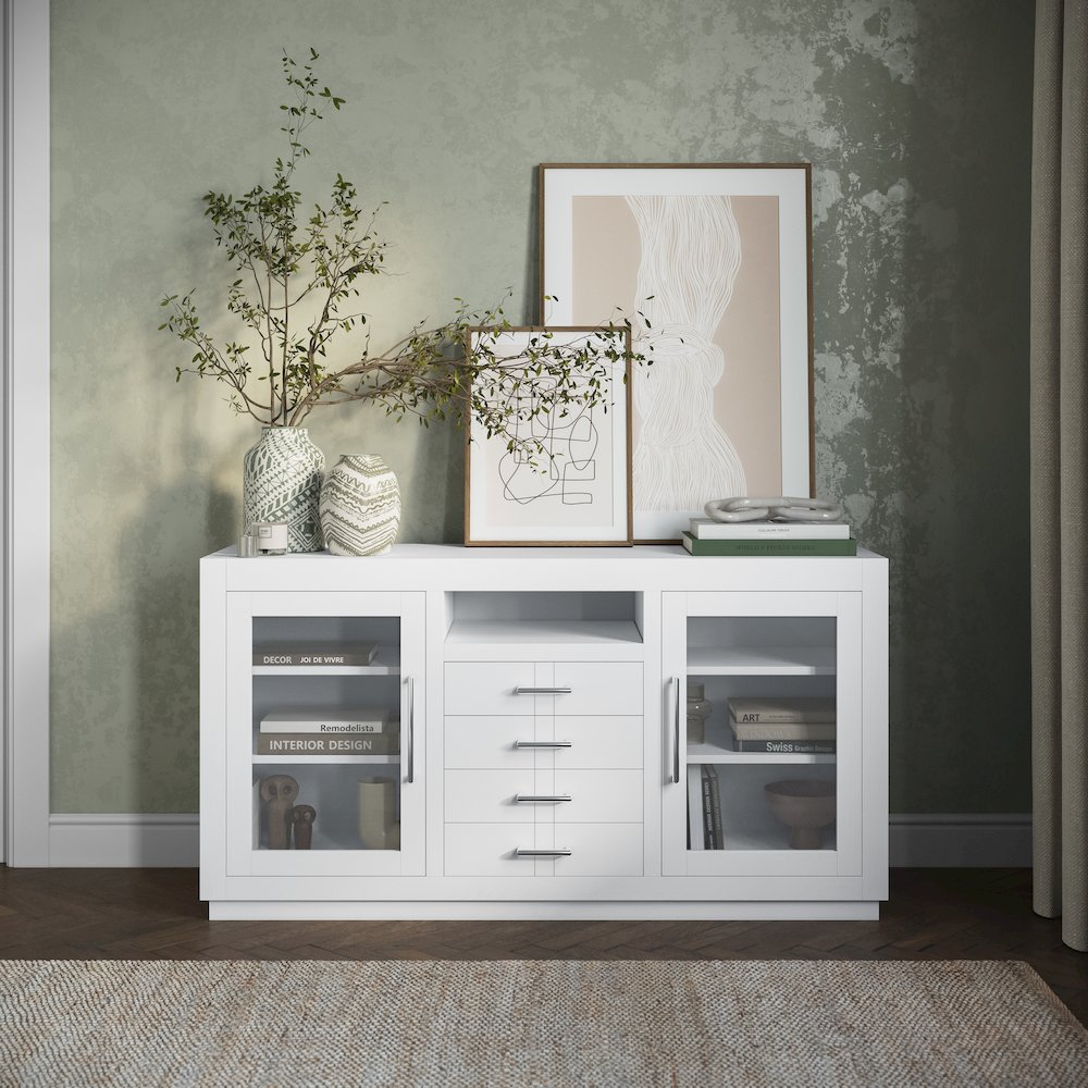 60" Contemporary Media Console with Tempered Glass Doors, Drawers and Shelves
