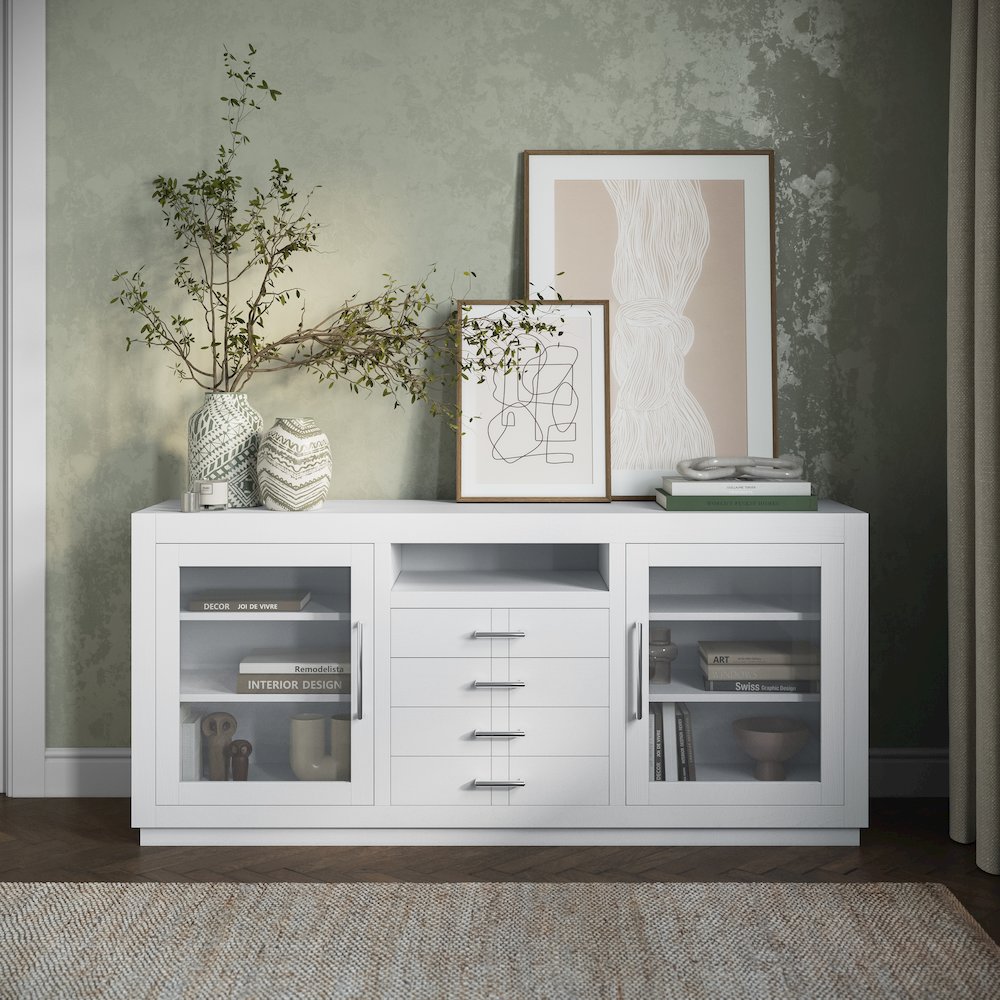 70" Contemporary Media Console with Tempered Glass Doors, Drawers and Shelves