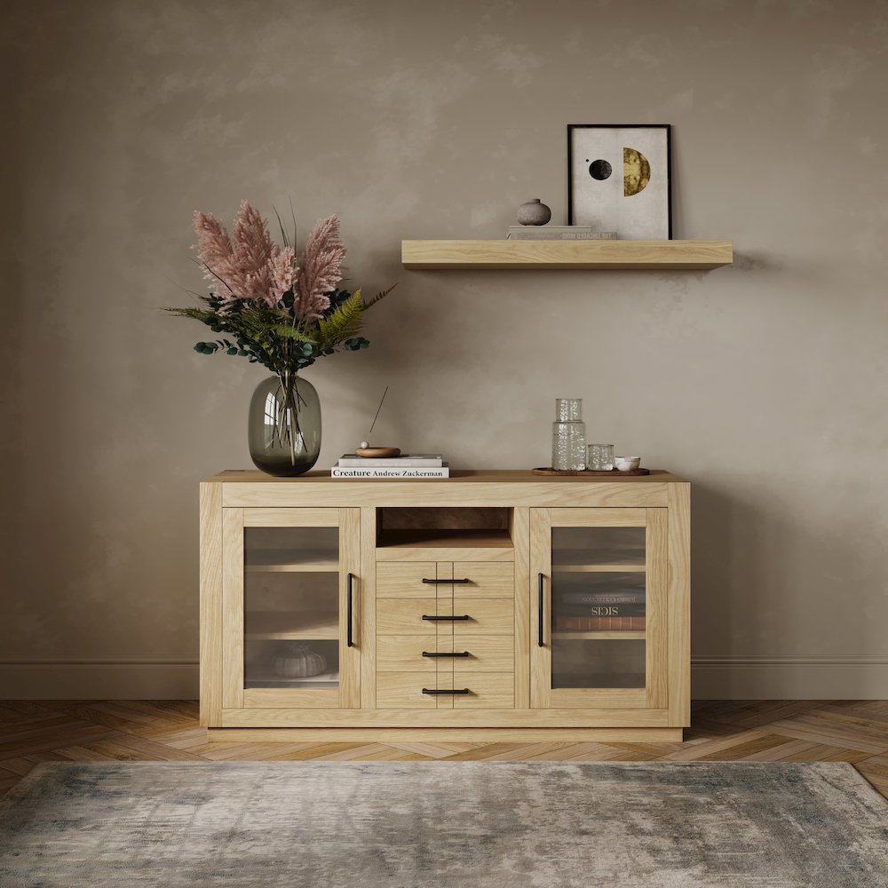 50" Contemporary Media Console with Tempered Glass Doors, Drawers and Shelves