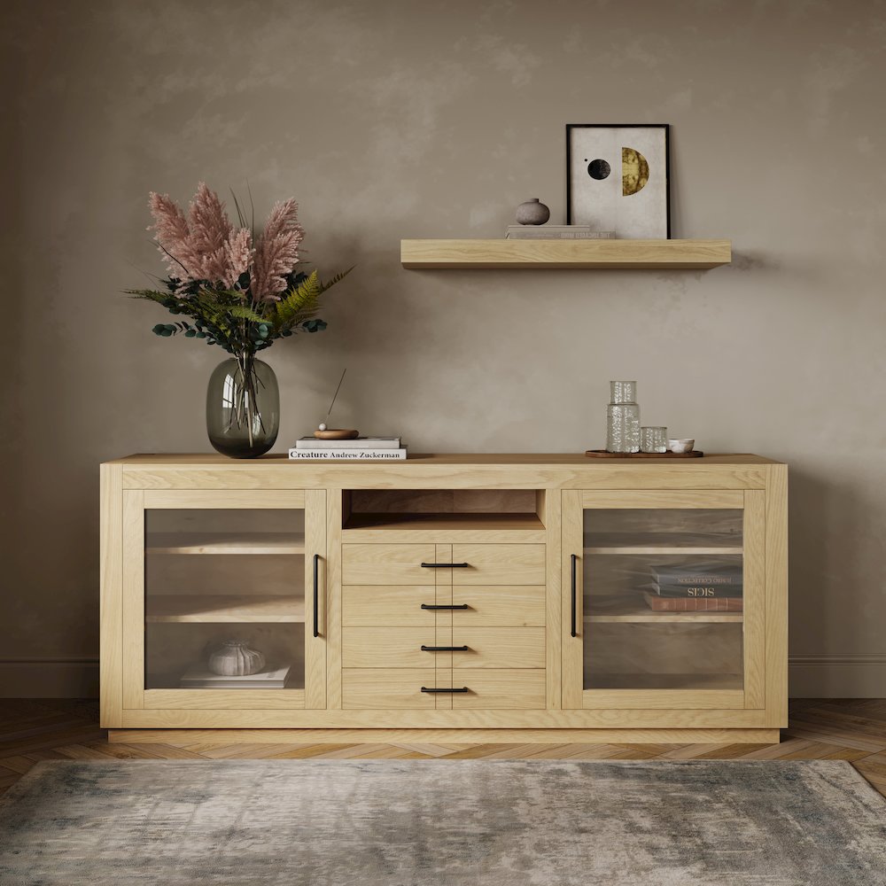 70" Contemporary Media Console with Tempered Glass Doors, Drawers and Shelves