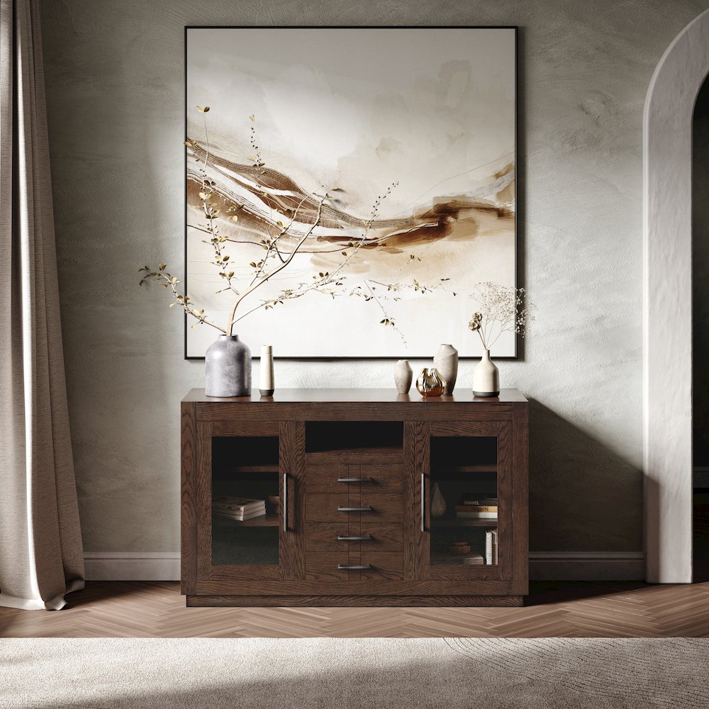 50" Contemporary Media Console with Tempered Glass Doors, Drawers and Shelves