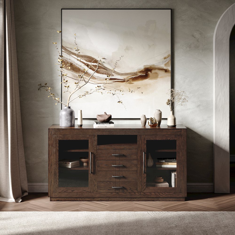 60" Contemporary Media Console with Tempered Glass Doors, Drawers and Shelves