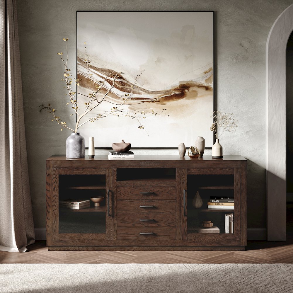 70" Contemporary Media Console with Tempered Glass Doors, Drawers and Shelves