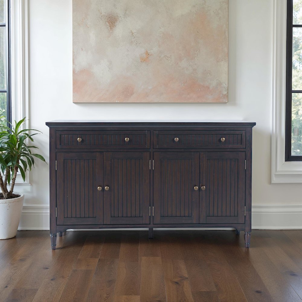 58" Slat Panel Door Sideboard Cabinet - Transitional Storage, Adjustable Shelves