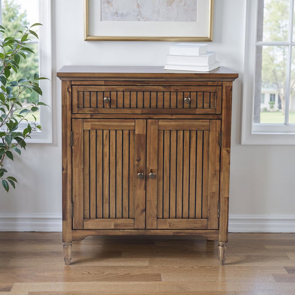 32" Slat Panel Door Accent Cabinet -Transitional Storage with Adjustable Shelves