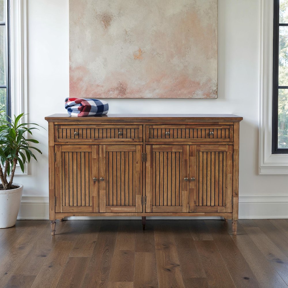 58" Slat Panel Door Sideboard Cabinet - Transitional Storage, Adjustable Shelves