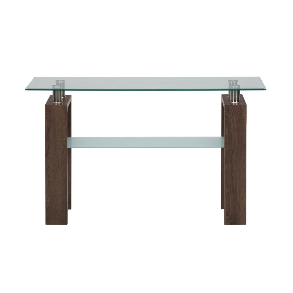 Compass Clear Modern Glass Sofa Table, Brown Wood and Glass