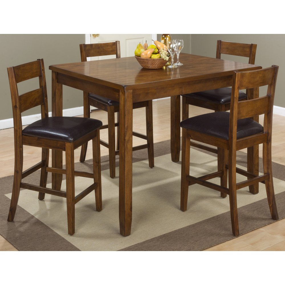 Rustic Brown Counter Height Table and Four Faux Leather Stools- Warm Brown