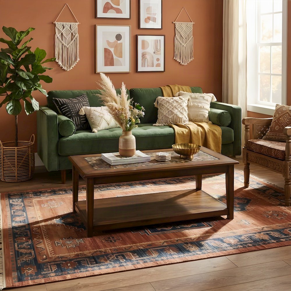 Veneer and Tile Coffee Table with Mosaic Inlay Top on Wheels, Brown