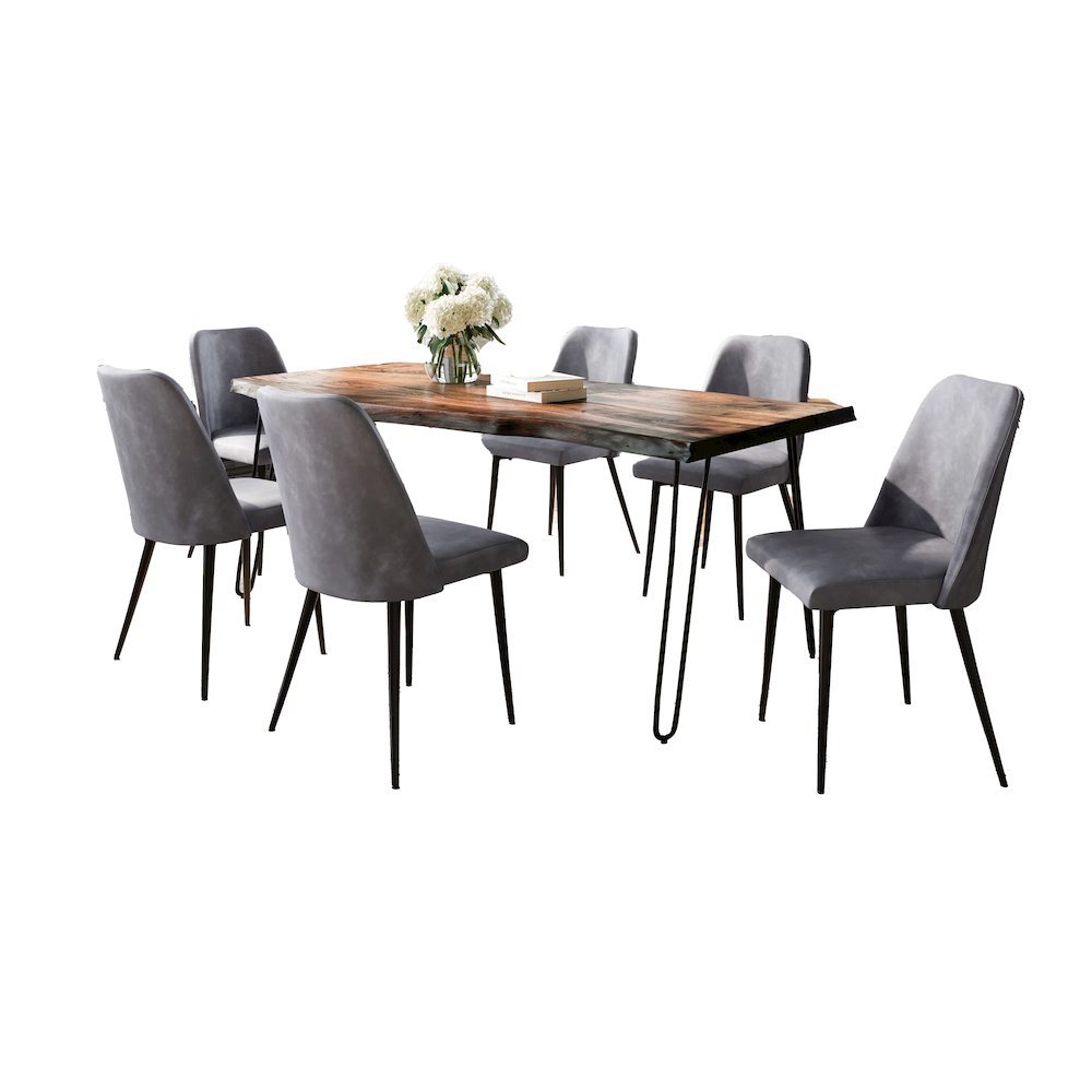 Seven Piece Solid Acacia Dining Set with Upholstered Mid-Century Modern Chairs