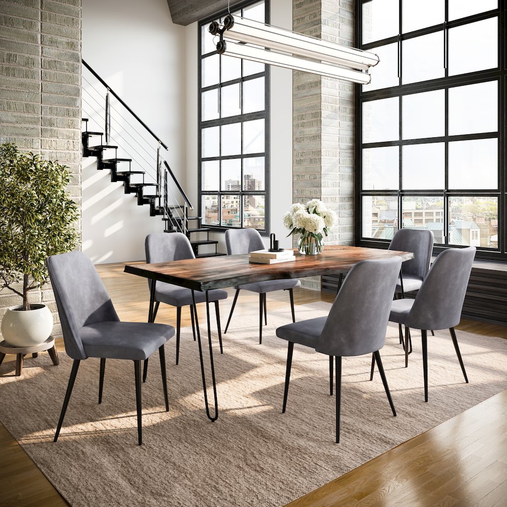 Seven Piece Solid Acacia Dining Set with Upholstered Mid-Century Modern Chairs