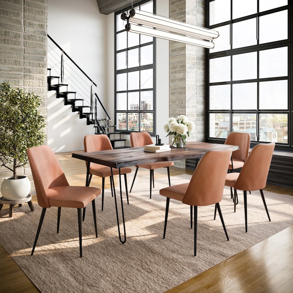 Seven Piece Solid Acacia Dining Set with Upholstered Mid-Century Modern Chairs