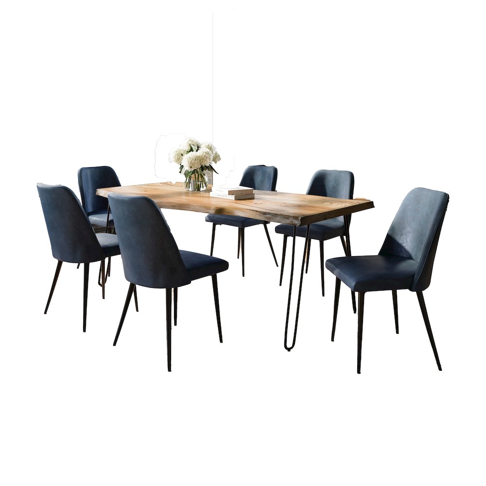 Seven Piece Solid Acacia Dining Set with Upholstered Mid-Century Modern Chairs