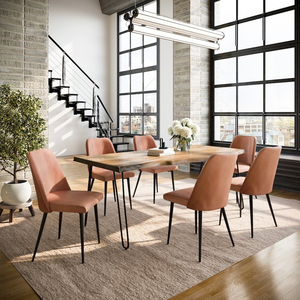 Seven Piece Solid Acacia Dining Set with Upholstered Mid-Century Modern Chairs