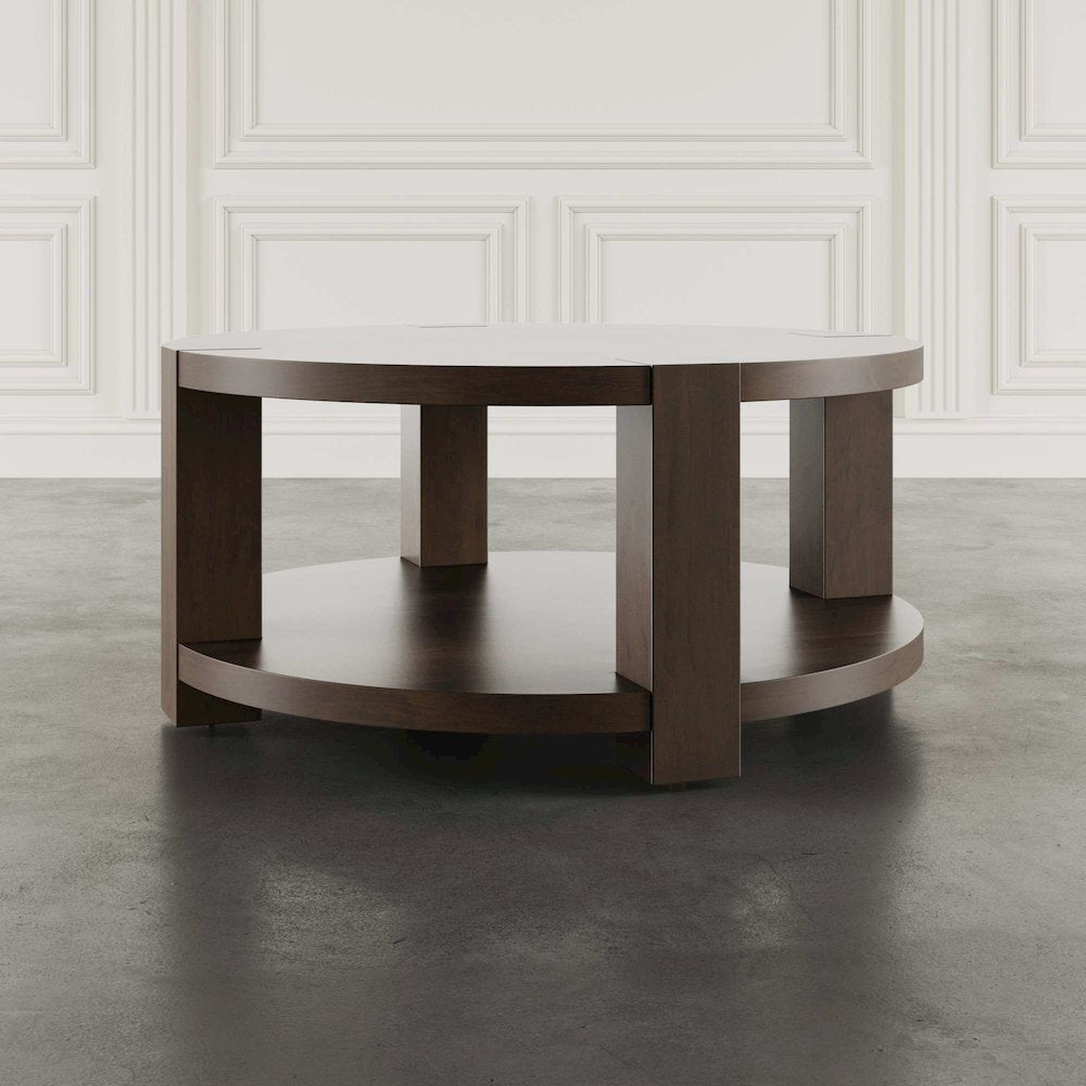 Brownstone 40" Round Transitional Modern Block-Frame Coffee Table with Wheels