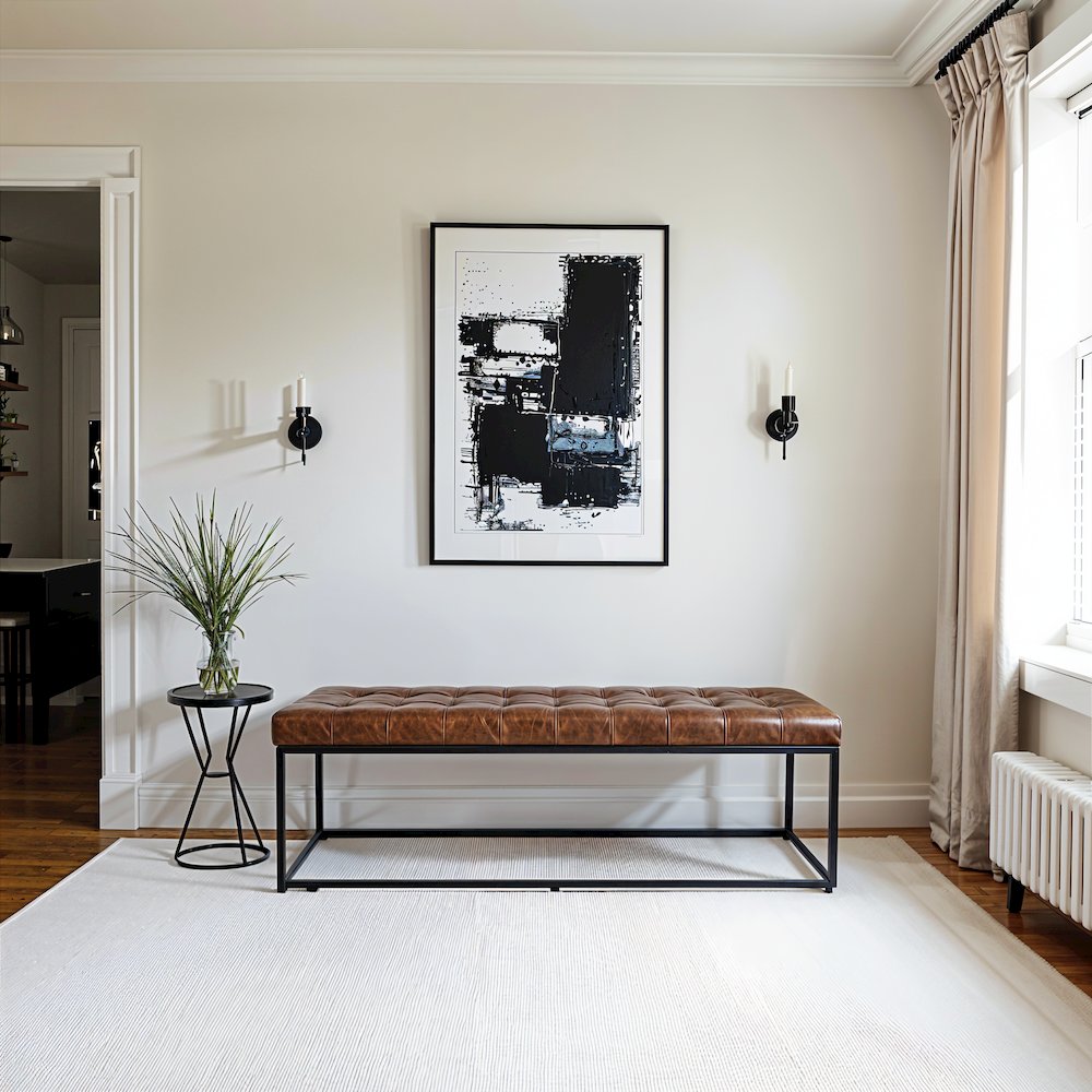 55-Inch Brown Leather Ottoman Bench with Metal for Home Décor
