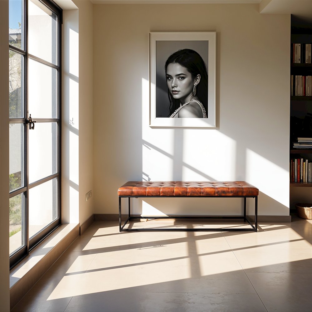 55-Inch Brown Leather Ottoman Bench with Metal for Home Décor