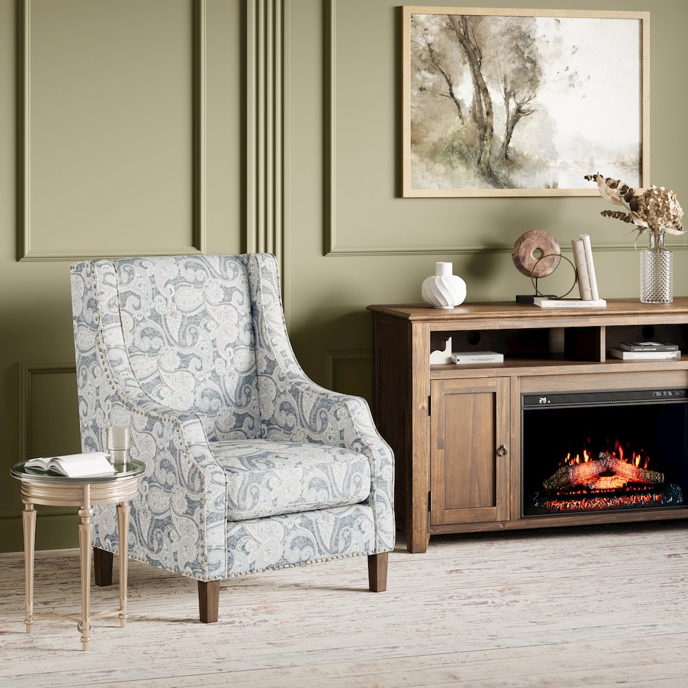 Paisley Fabric Transitional Upholstered Accent Chair with Nailhead Trim