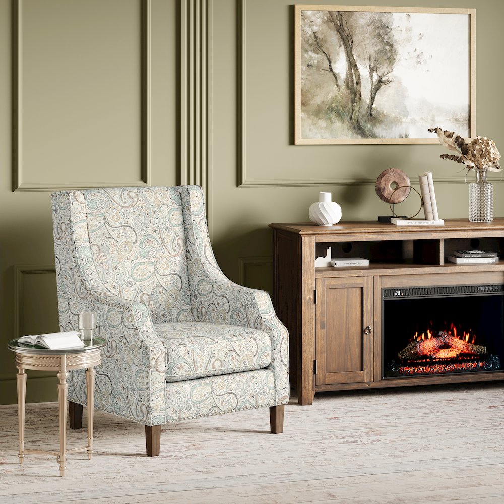 Paisley Fabric Transitional Upholstered Accent Chair with Nailhead Trim