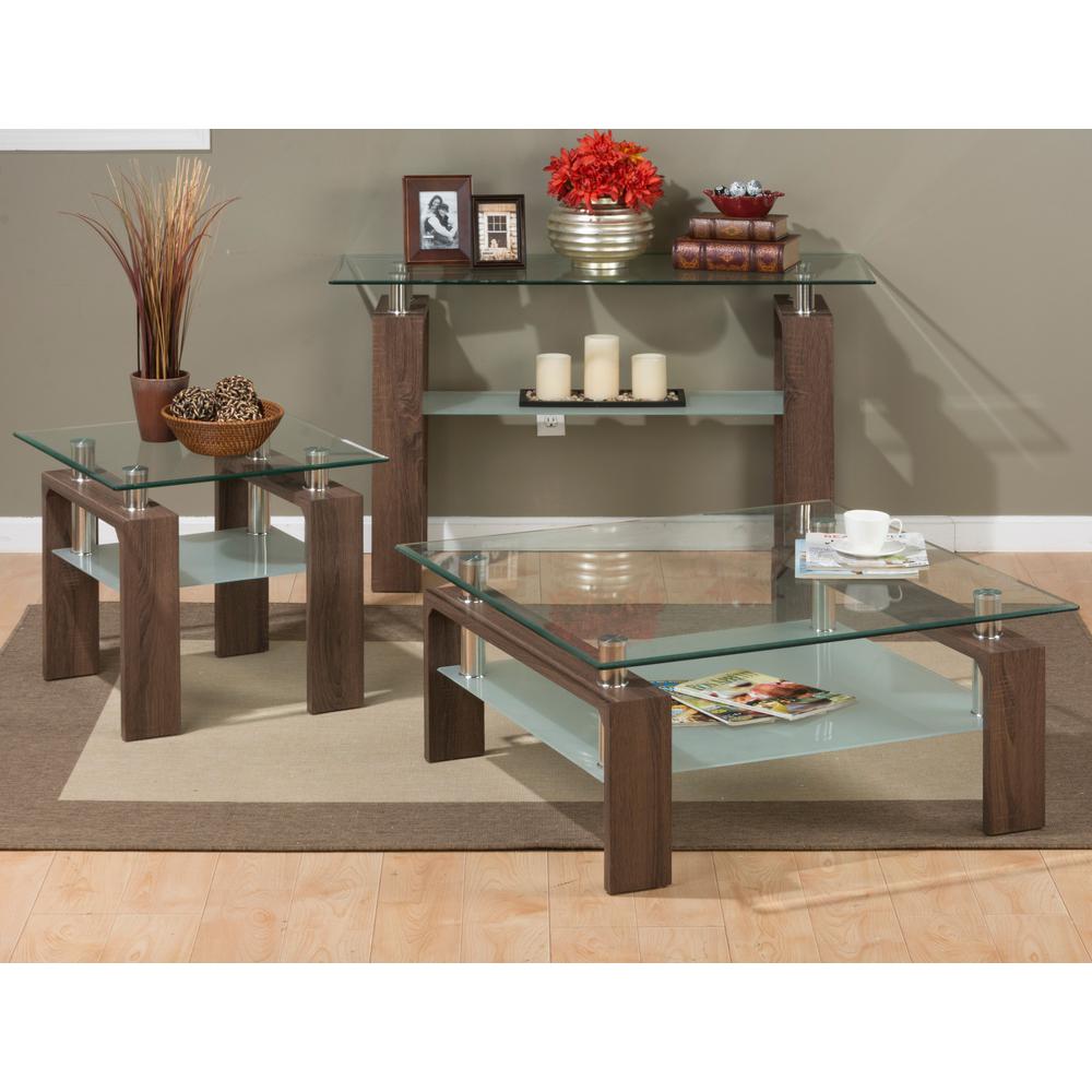 Compass Clear Modern Glass Sofa Table, Brown Wood and Glass