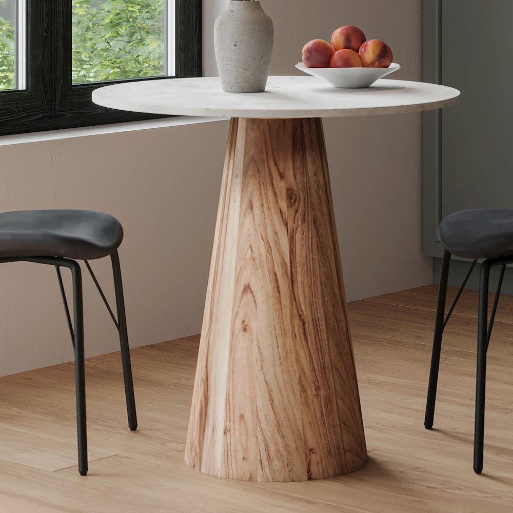 Nolan Luxury Mid-Century Modern 30" Round Marble and Wood Pedestal Dining Table