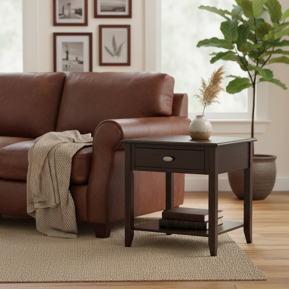 Brown Wooden End Table with Drawer - Bedside and Side Table for Chairs and Sofas