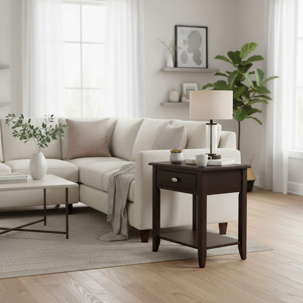 Brown Wooden End Table with Drawer - Bedside and Side Table for Chairs and Sofas