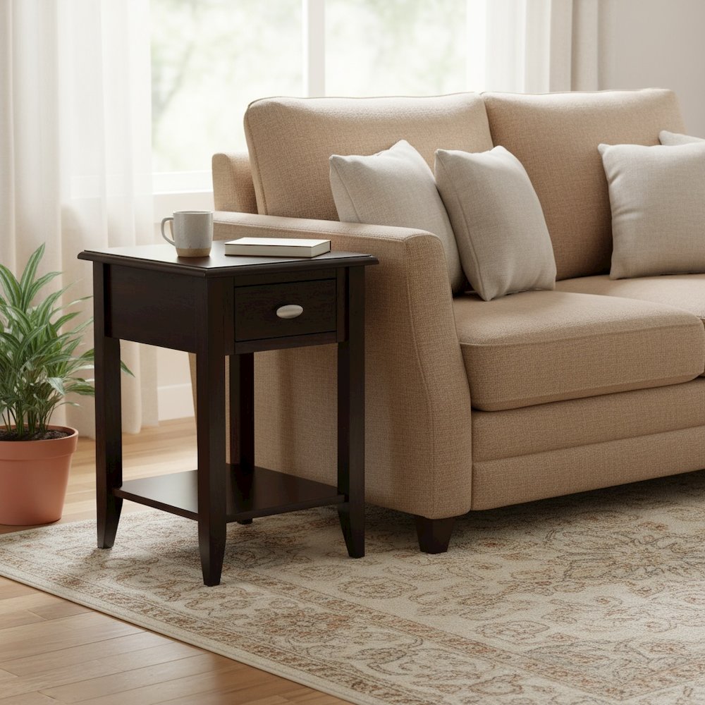 Brown Wooden Side Table with Drawer and Shelf, Bedside and End Table Bedroom