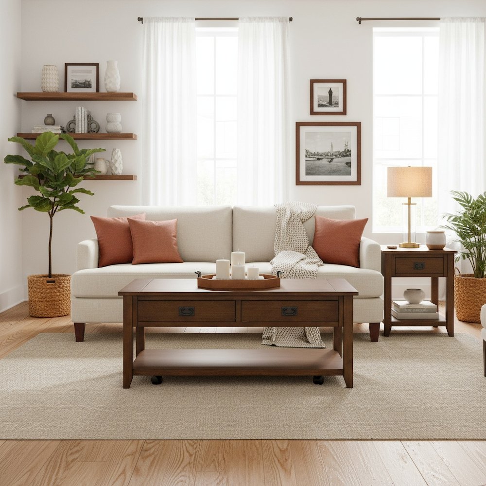 Oak Brown Coffee Table for Living Room, Rectangular Table for Living Room