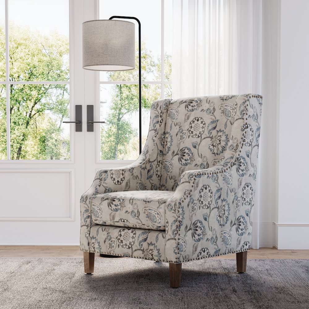 Paisley Fabric Transitional Upholstered Accent Chair with Nailhead Trim