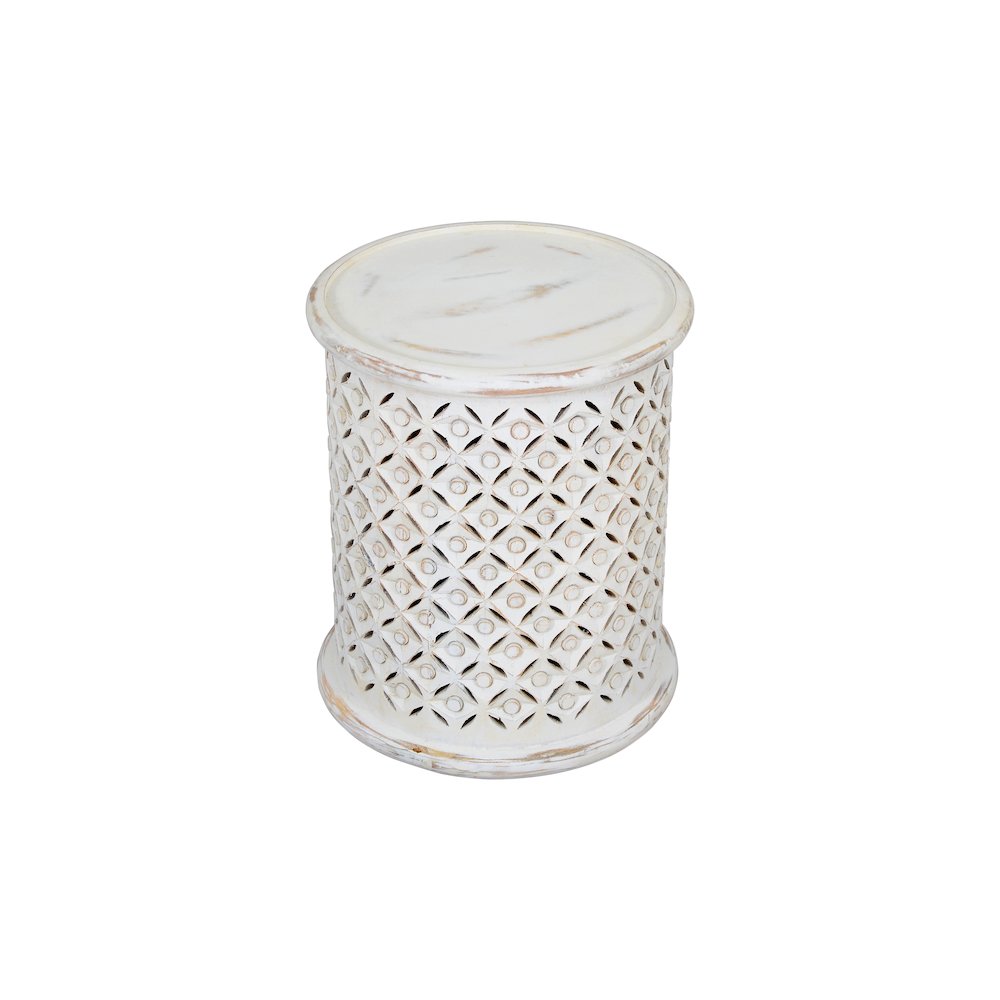 Elegant White Distressed Hardwood Drum End Table for Contemporary Spaces