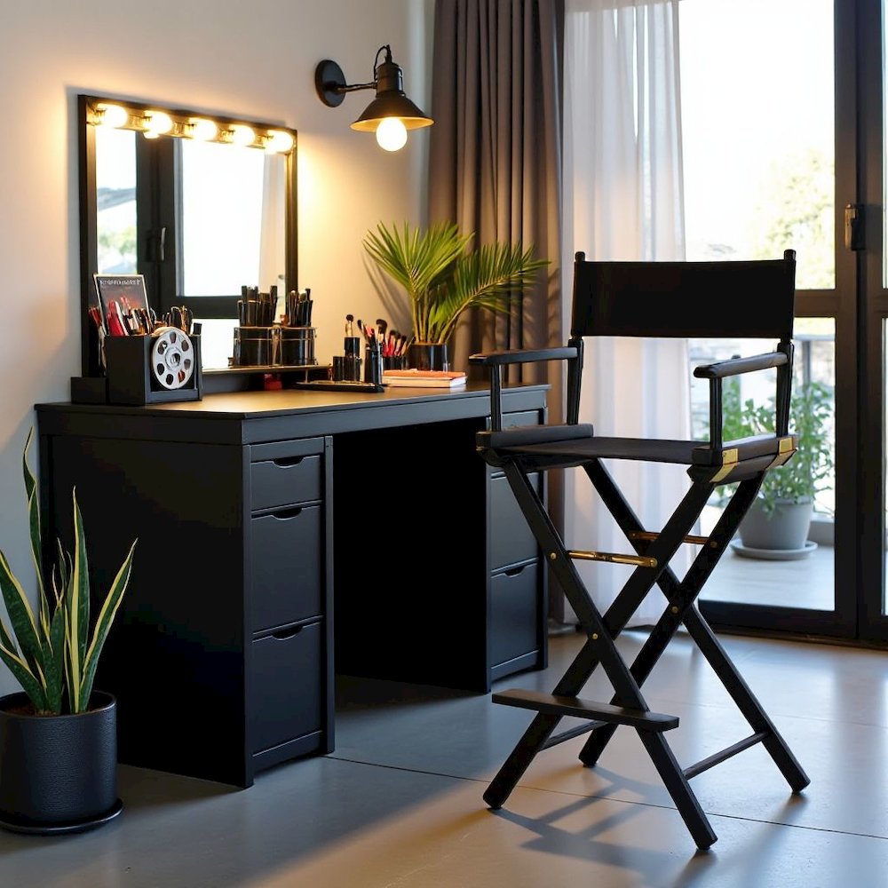 Black Canvas Director Chair with Solid Hardwood Frame, Foldable Style