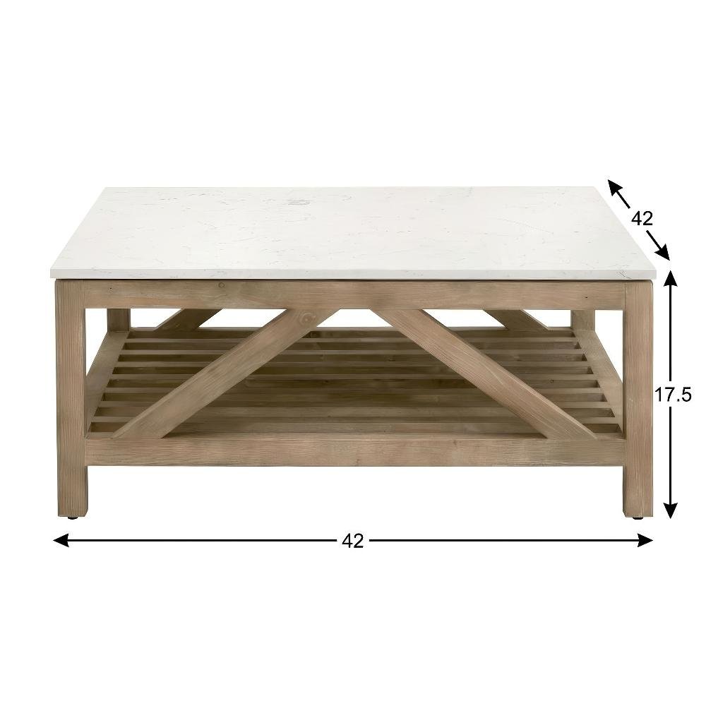 Gray Solid Pine Wood Coffee Table with Quartz Top and Open Shelf