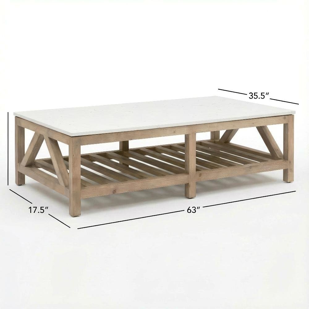 Gray Pine Wood Coffee Table with Solid Quartz Top and Open Shelf Design