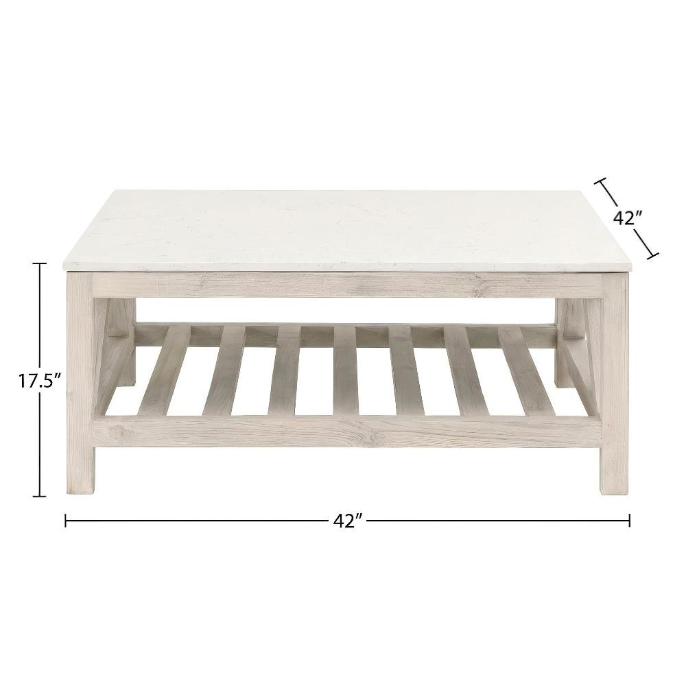 White Solid Pine Wood Coffee Table with Solid Quartz Top and Open Shelf