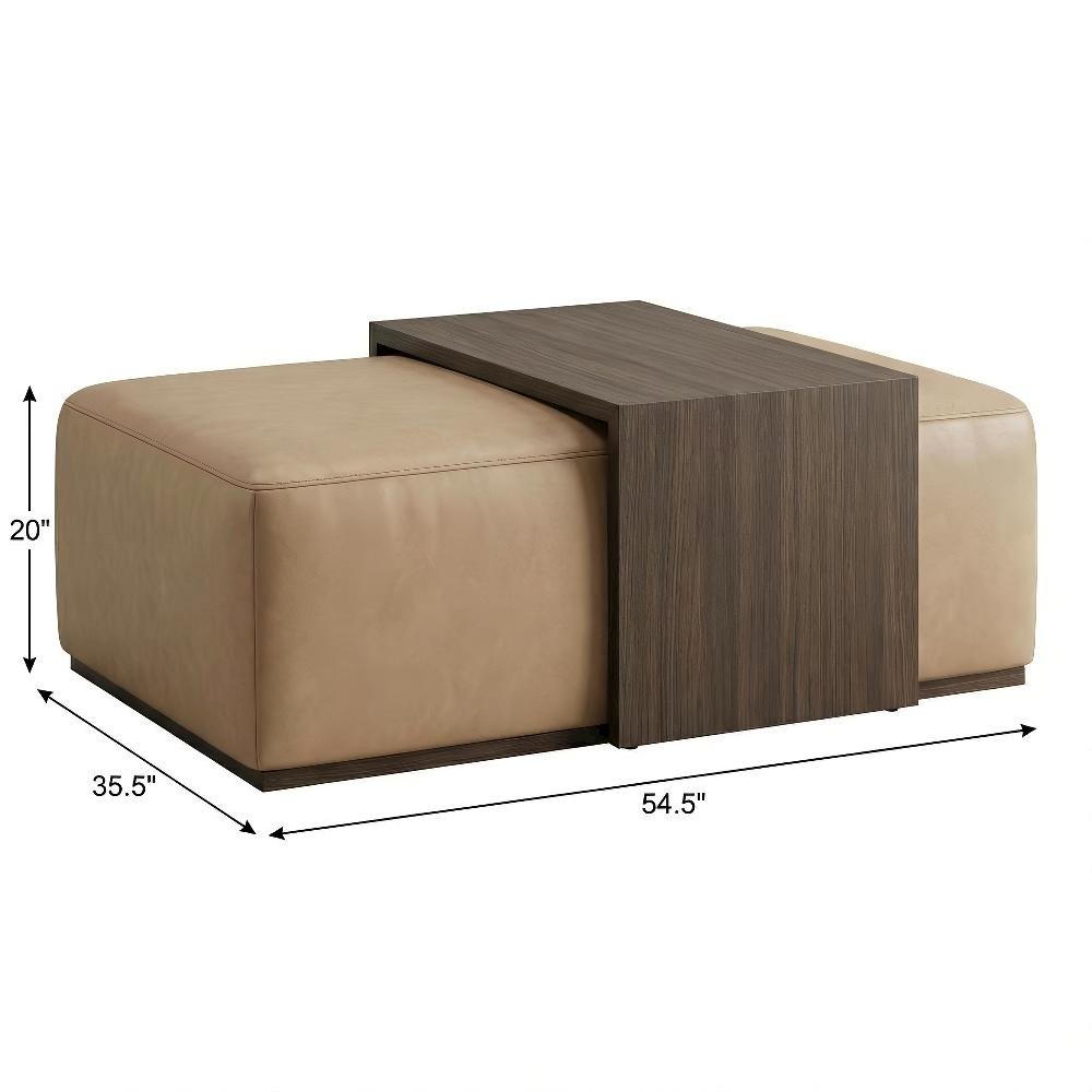 Brown Upholstered Coffee Table with Vegan Leather Top and Solid Wood Frame