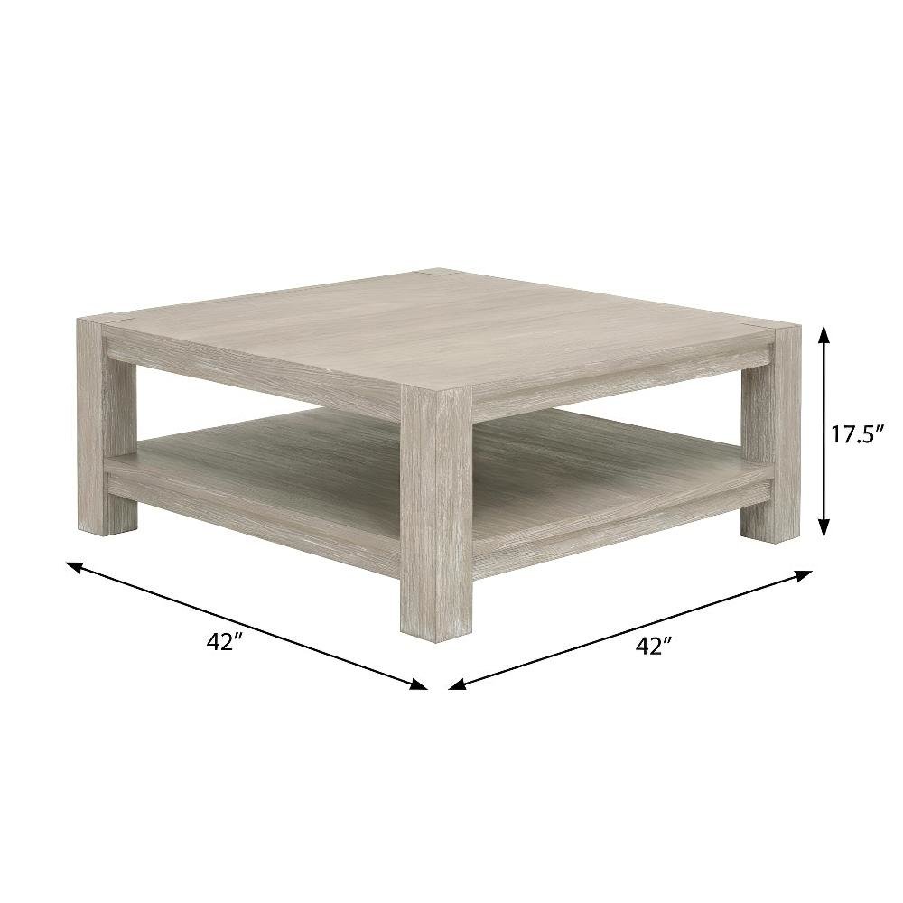 Gray Transitional Square Coffee Table, Solid Beed Wood Frame and Shelf Storage