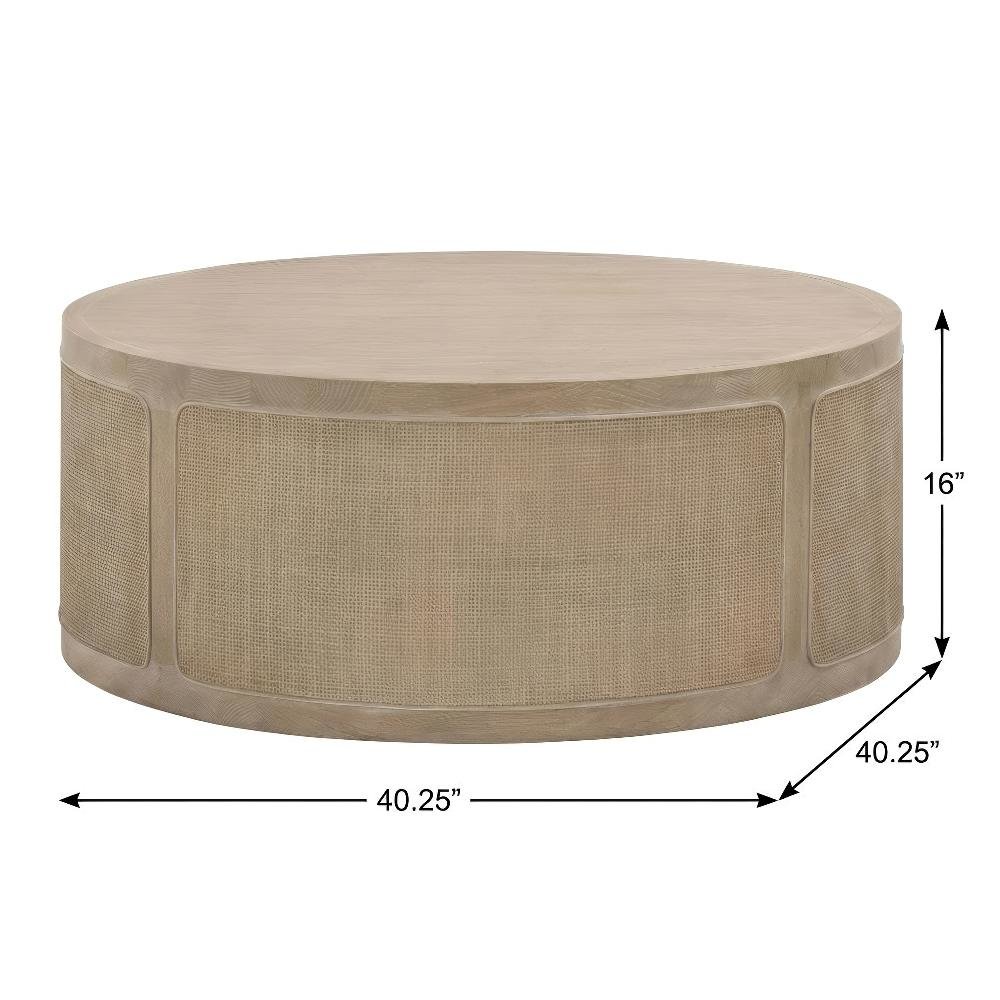 Gray Transitional Cane Coffee Table with Solid Oak Wood and Oak Veneer Frame