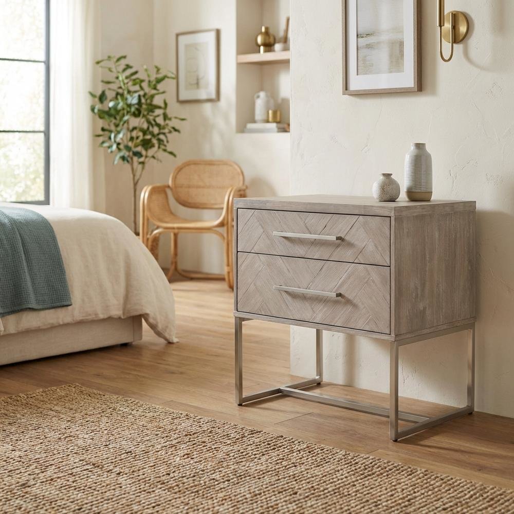 Gray Nightstand with 2 Drawers and Stainless Steel Handles for Bedroom Storage