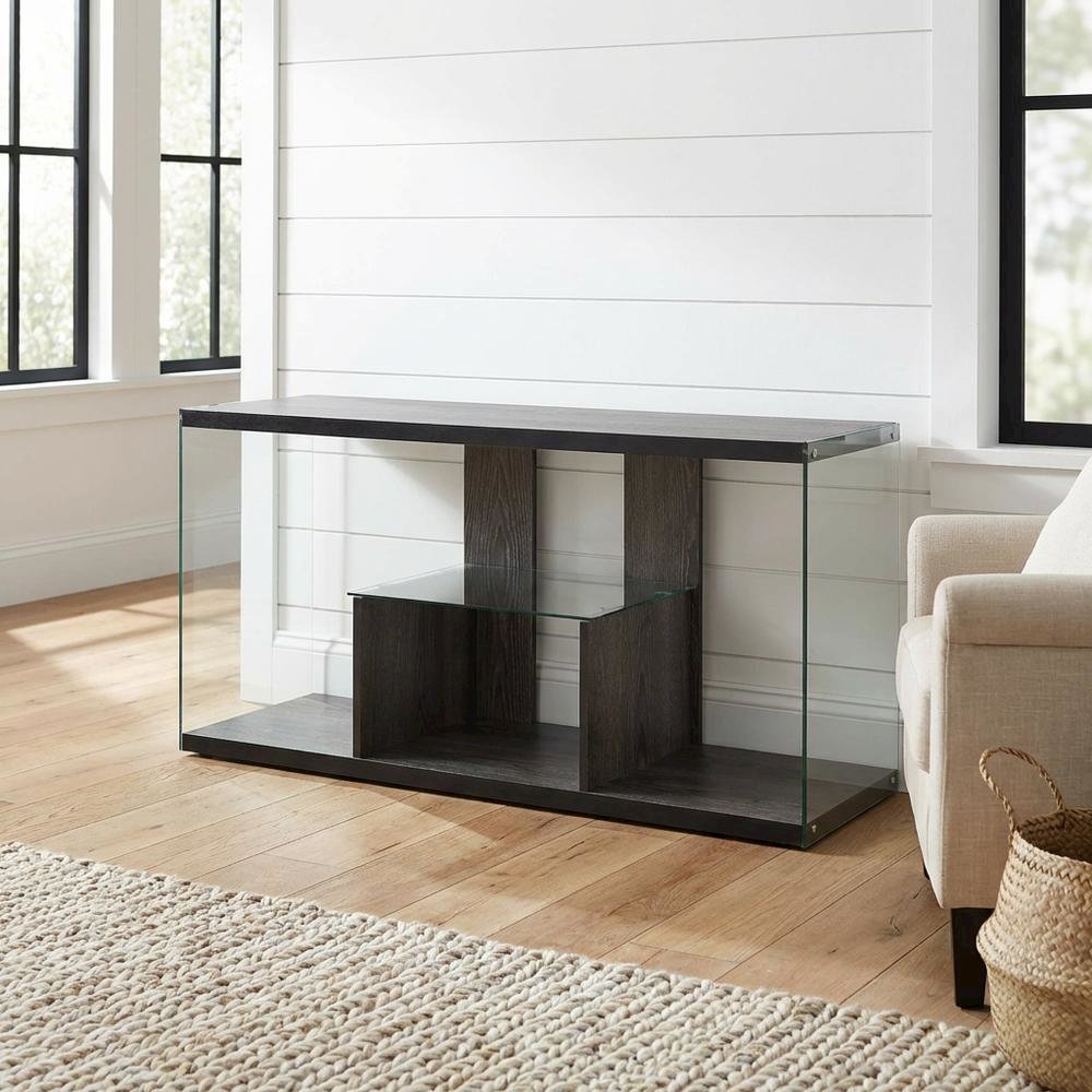 Weathered Gray TV Stand with Tempered Glass and PVC Edge Banding