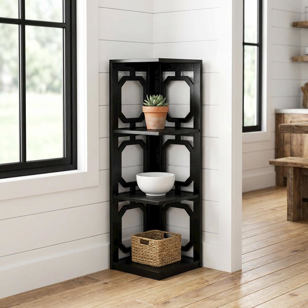 Black 3-Tier Corner Bookcase with Space-Saving Design and Durable Finish
