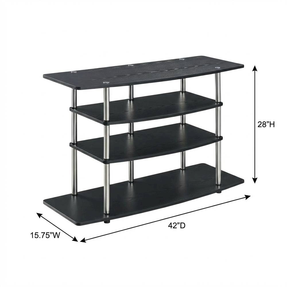 Black No Tools Wide Highboy TV Stand, Particle Board Shelves, Steel Poles