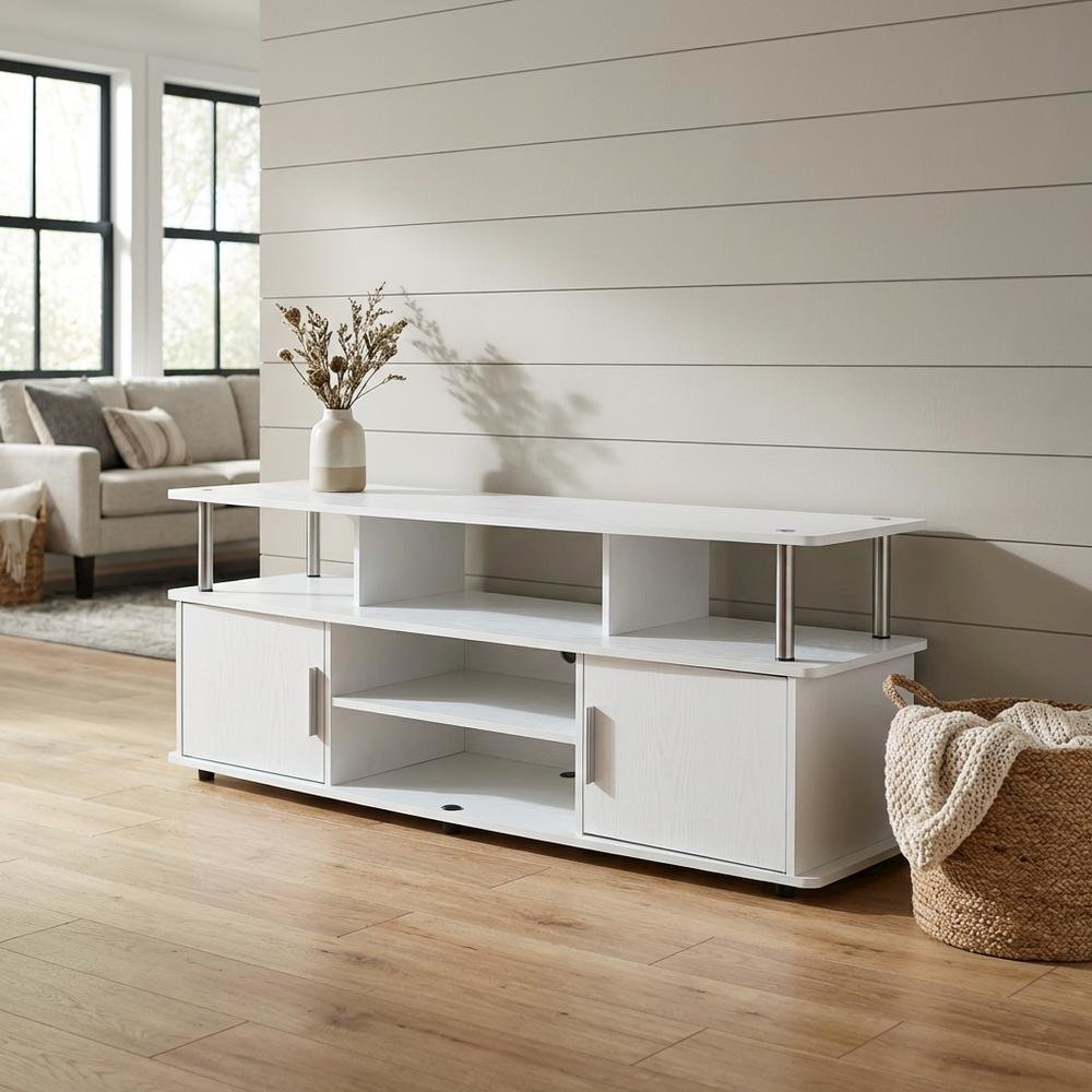 White TV stand with particle board and stainless steel accents, modern design
